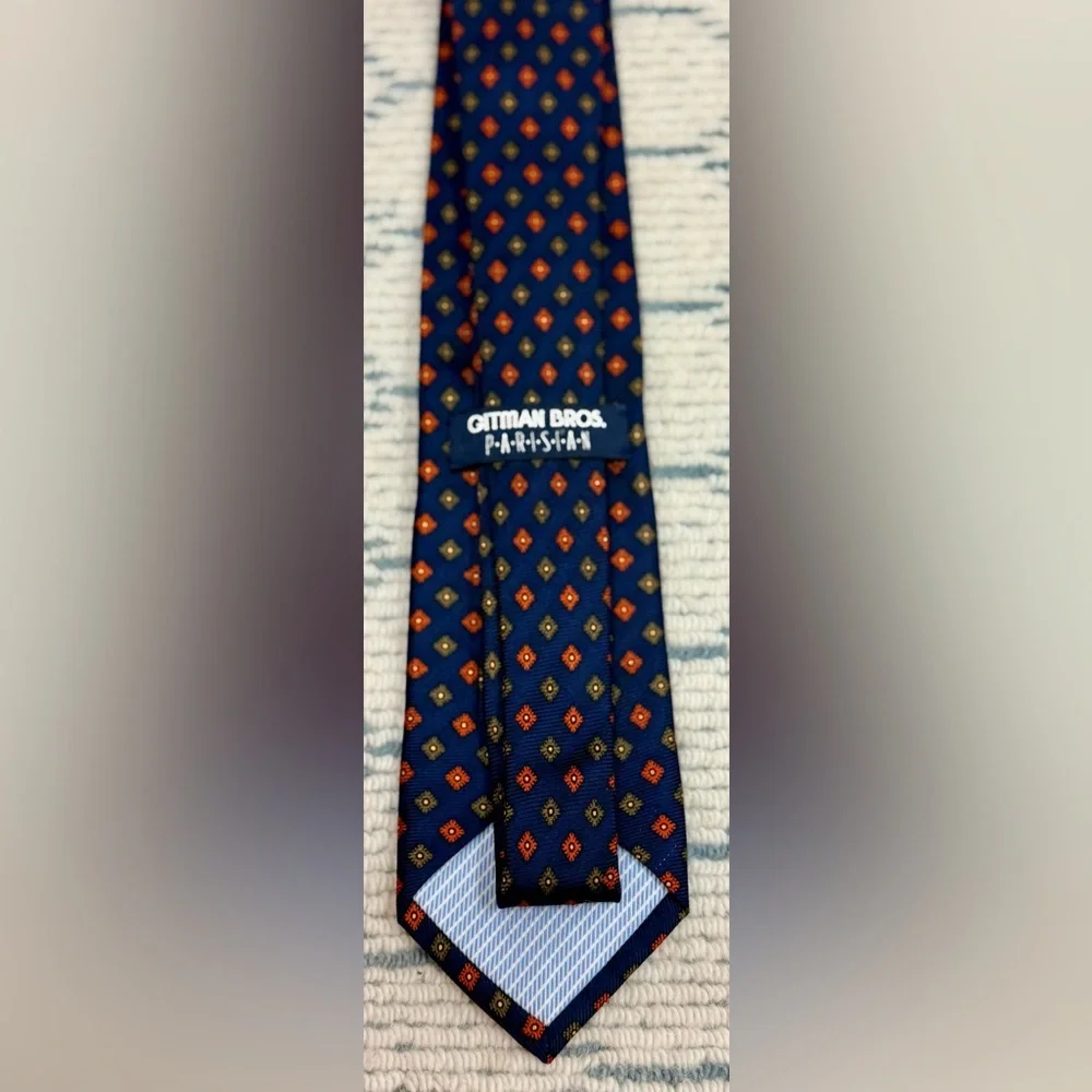 GITMAN BROS Parisian Formal Men’s Silk Tie Navy Blue Orange Medallion Hand Made